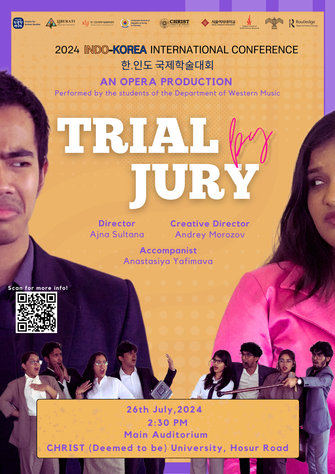 Trial by Jury — the full company in Victorian court dress, performing live opera on a courtroom set